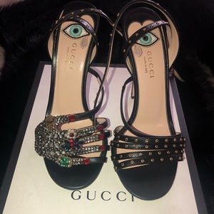 Gucci Wangy Crystal Hand Strappy Heels Black